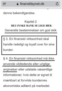 God skik for banker, alle andre banker overholder disse regler fra finanstilsynet, Jyske bank er af en anden opfattelse, og siger ellers tak de regler skal vi ikke overholde, for jyske bank er en anderledes bank. 