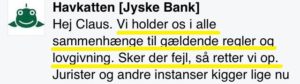 Jyske bank påstår banken overholder alle love og regler 